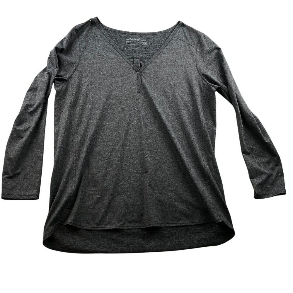 Eddie Bauer Womens T-Shirt Large Long Sleeve Gray V-Neck Jersey Top Casual